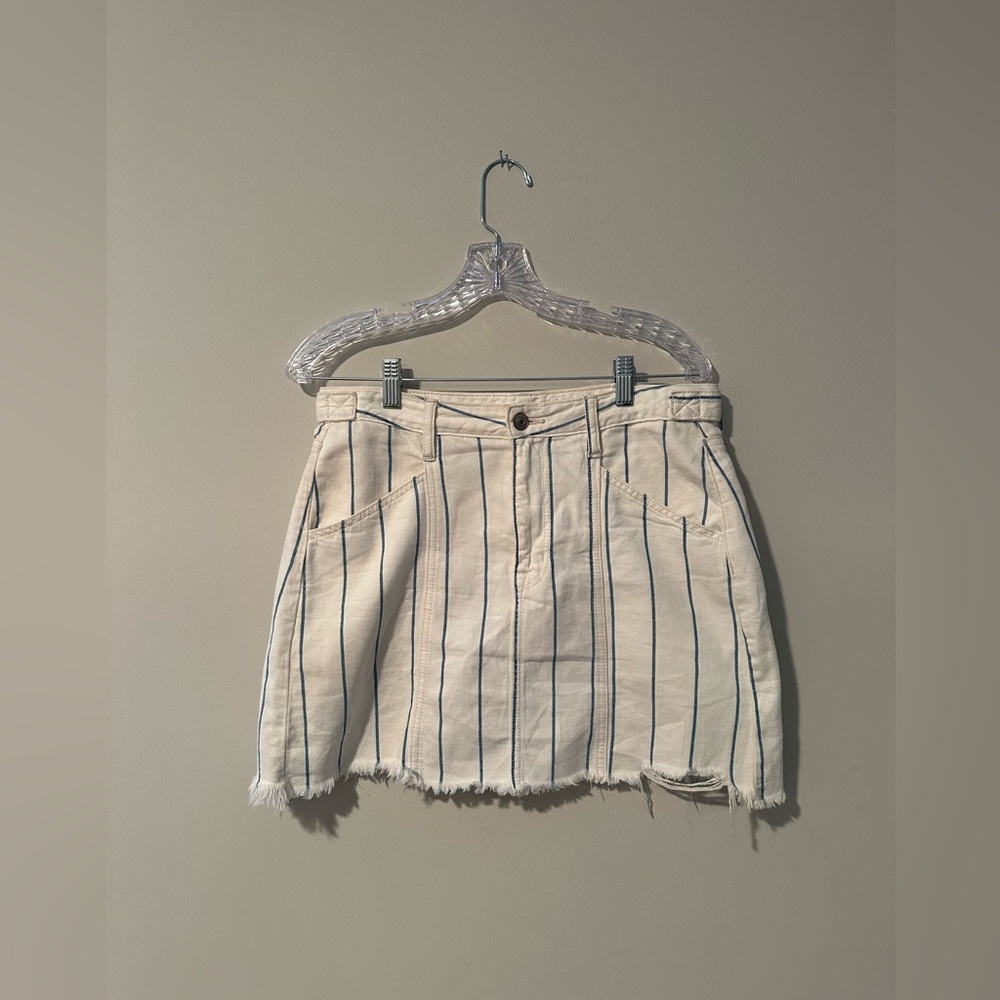 American Eagle Hi Rise A Line Skirt White & Blue Striped Raw Hem Mini Skirt